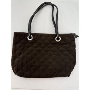 Talbots Vintage Y2K  Brown Cotton Quilted Shoulder Tote‎ Bag Leather Trim